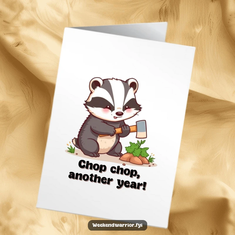 Funny Free Printable Birthday Card: Kawaii badger with tiny axe chopping a bush, ready for laughs.