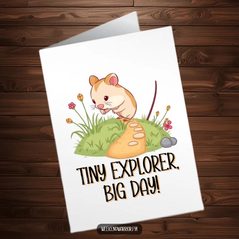 Funny Free Printable Birthday Card: Curious hamster bravely exploring a whimsical, overgrown path, ready for adventure.