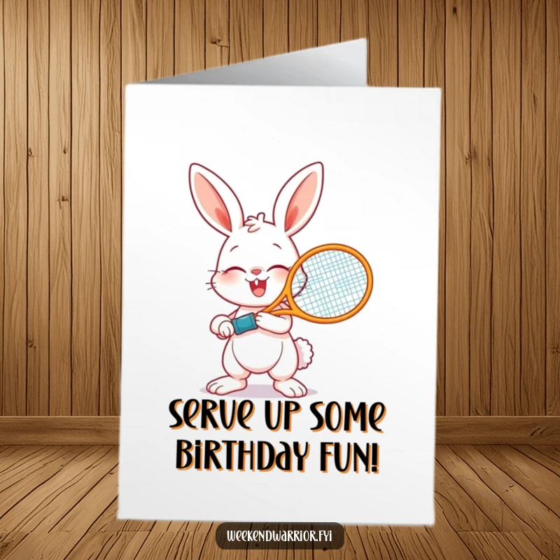 Funny Free Printable Birthday Card: A giggling bunny holding a tennis racket, poised to swing with playful energy.