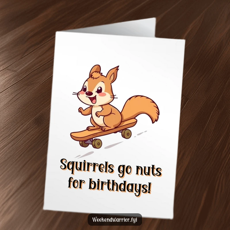 Funny Free Printable Birthday Card: Giggling squirrel zooms downhill on a wooden skateboard, spreading birthday cheer.