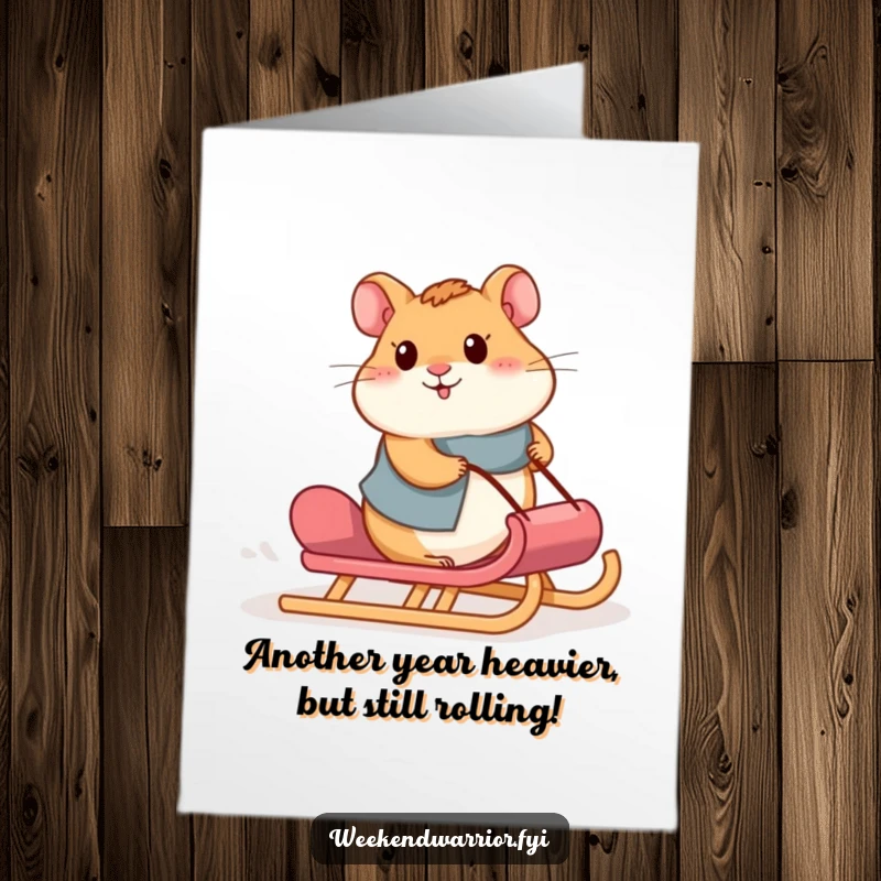 Funny Free Printable Birthday Card: Proud hamster muscles a loaded sled uphill, symbolizing birthday determination.