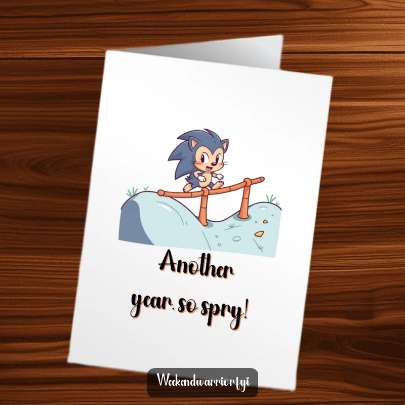 Funny Free Printable Birthday Card: Determined hedgehog character skillfully navigating a winding obstacle course with focus.