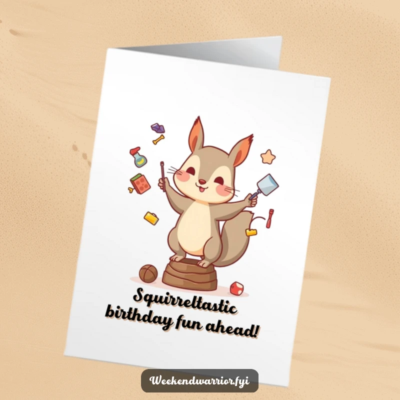 Funny Free Printable Birthday Card: Playful squirrel juggling acorns precariously, energetic and comical, a unique downloadable gift.