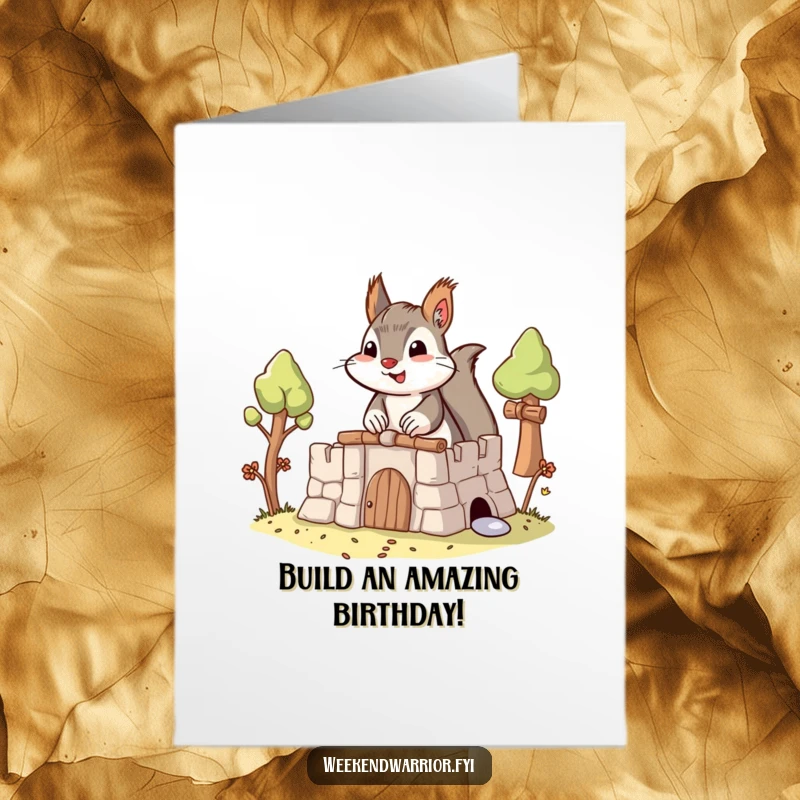 Funny Free Printable Birthday Card: A focused squirrel diligently constructing an elaborate fort, perfect for a birthday wish. DIY gift.