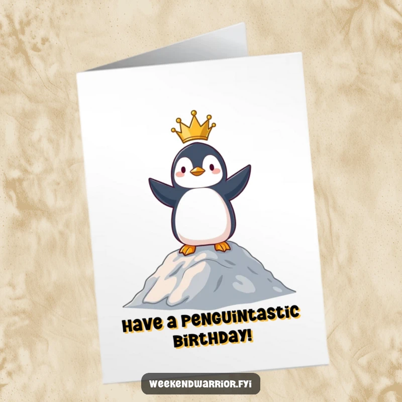Funny Free Printable Birthday Card: Proud penguin surveying domain from hill, victorious and regal, a funny downloadable gift.