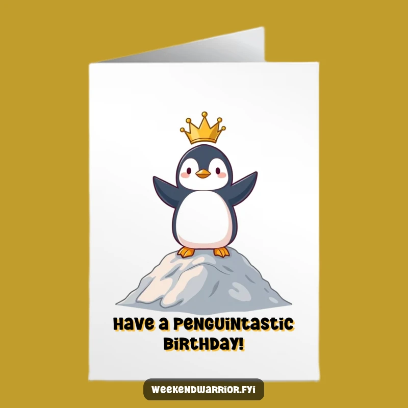 Free Printable Birthday Card: Victorious Penguin King, Funny Downloadable Gift for Birthday Royalty