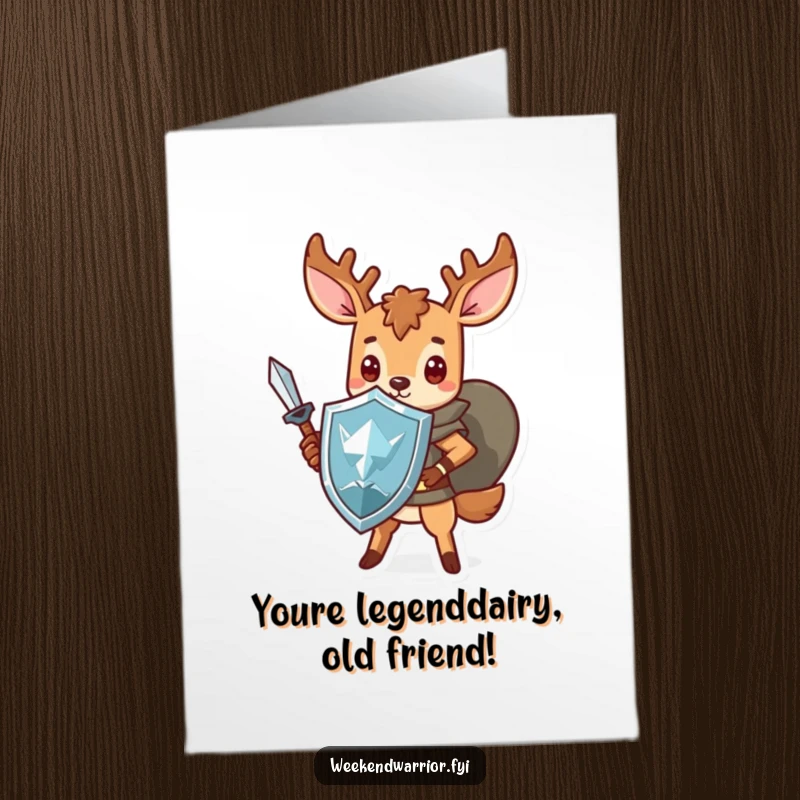 Funny Free Printable Birthday Card featuring a brave Kawaii deer warrior holding a sword and shield, ready to defend your special day.