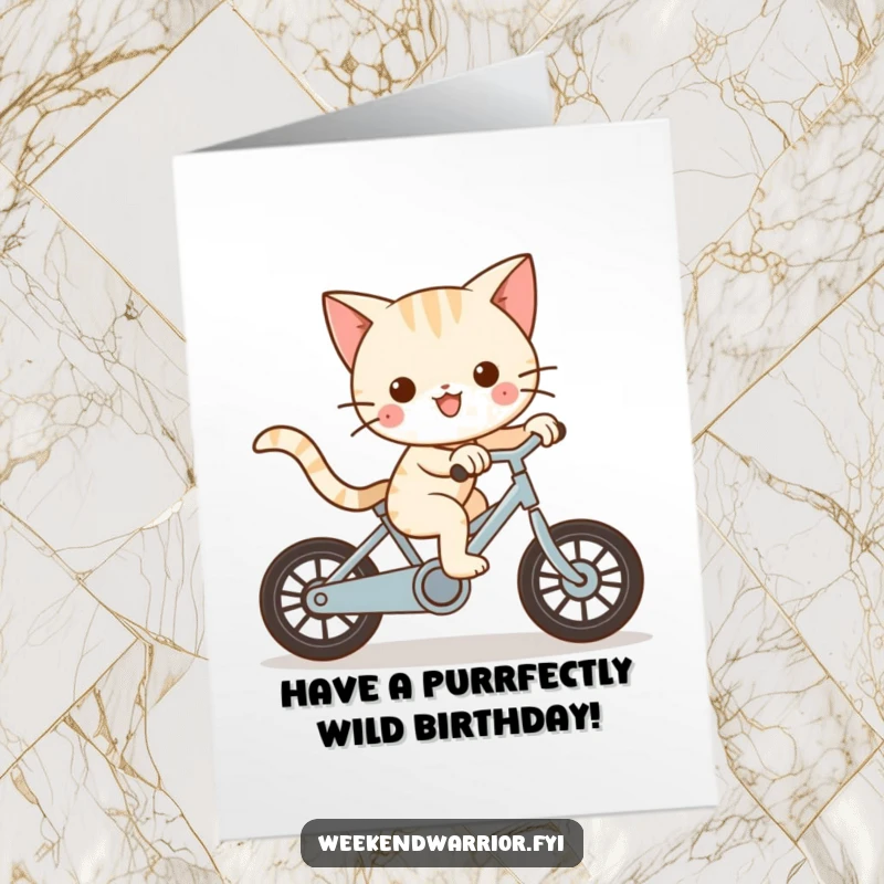 Funny Free Printable Birthday Card Playful Kawaii cat zooming on a bicycle, wind in its whiskers, bringing birthday wishes.