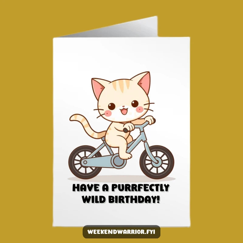 Free Printable Funny Birthday Card: Speedy Kawaii Cat Bike Ride Downloadable Gift