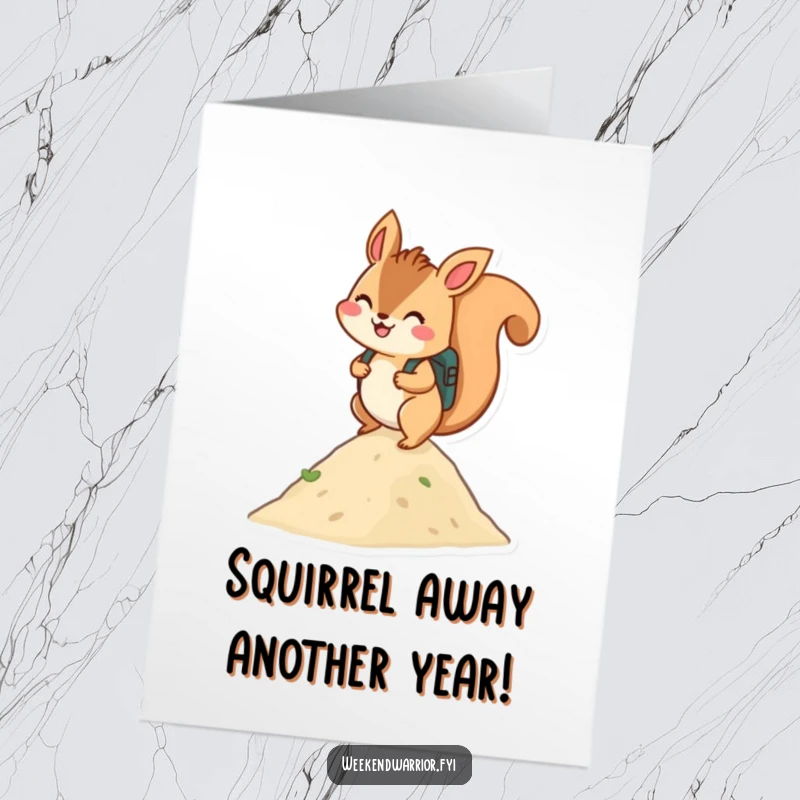 Funny Free Printable Birthday Card: A cheerful squirrel with a backpack smiles while scaling a small hill, ready for adventure.