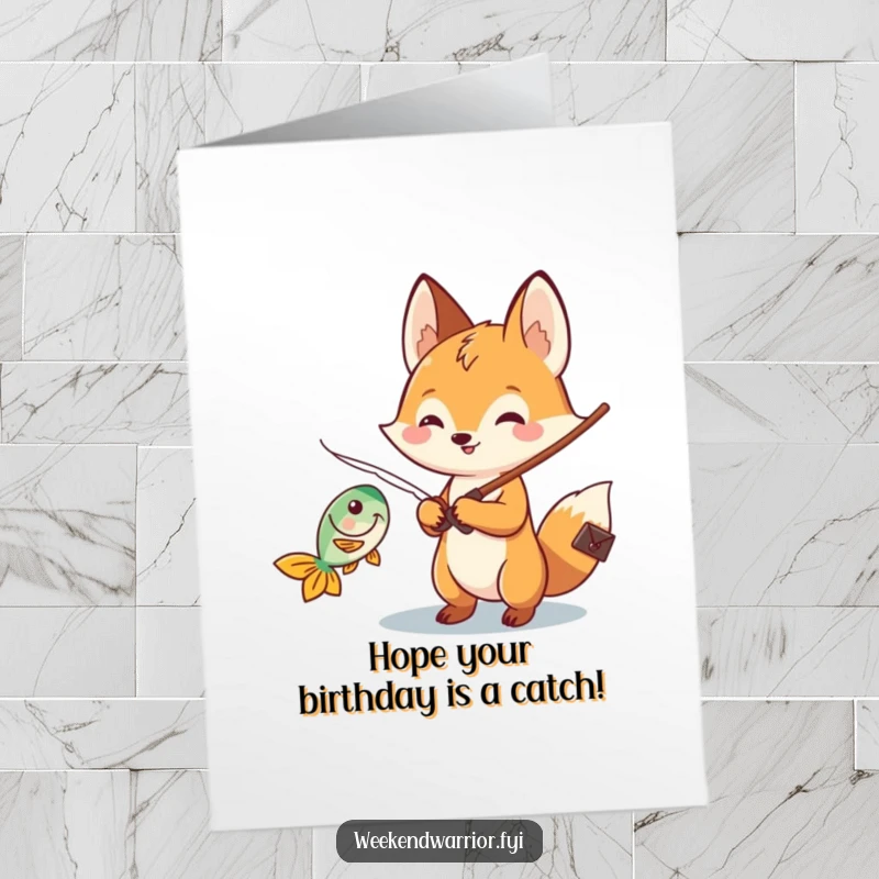 Funny Free Printable Birthday Card: Cheerful Kawaii fox character fishing, catching a fish, celebrating a birthday catch.