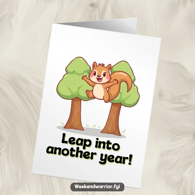Funny free printable birthday card: A joyful squirrel mid-leap between two trees, capturing pure excitement and birthday fun.