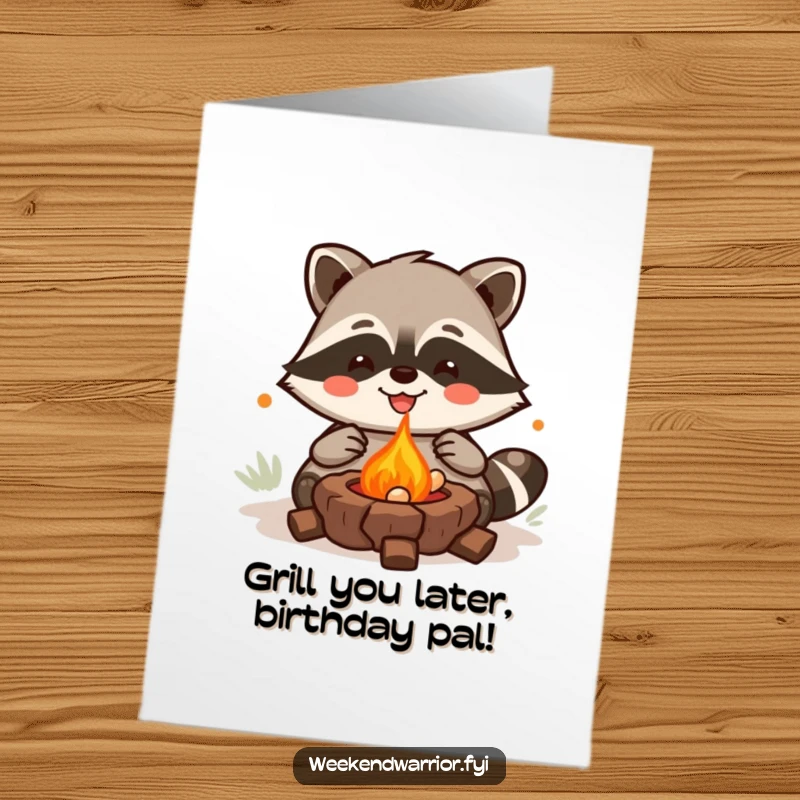 Funny Free Printable Birthday Card: Joyful Kawaii raccoon character grilling tasty treats happily.