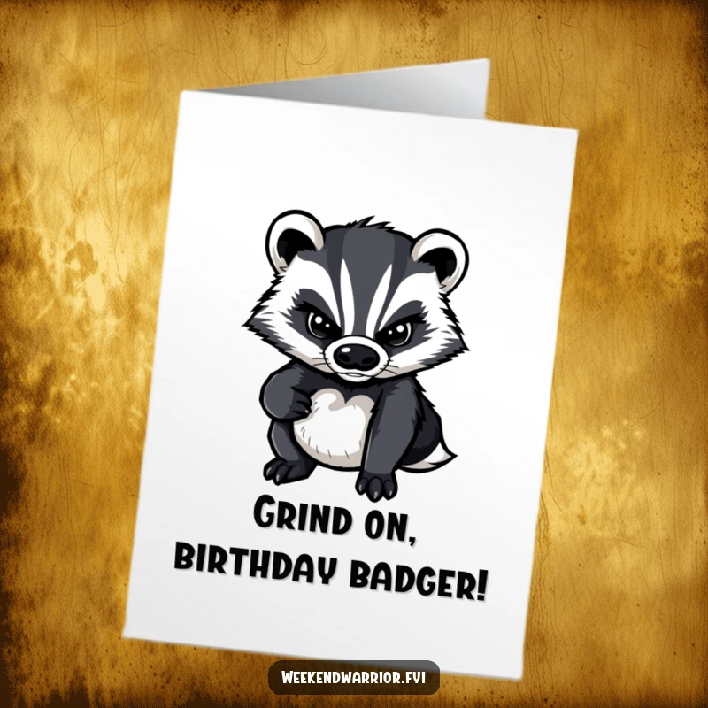 Funny Free Printable Birthday Card: A determined cartoon badger with a serious, focused expression, ready to conquer any birthday challenge. DIY humor awaits.