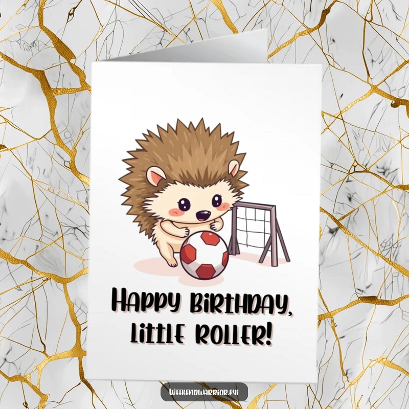 Funny Free Printable Birthday Card: A determined hedgehog rolls a small ball towards a goal, celebrating with focused intensity.