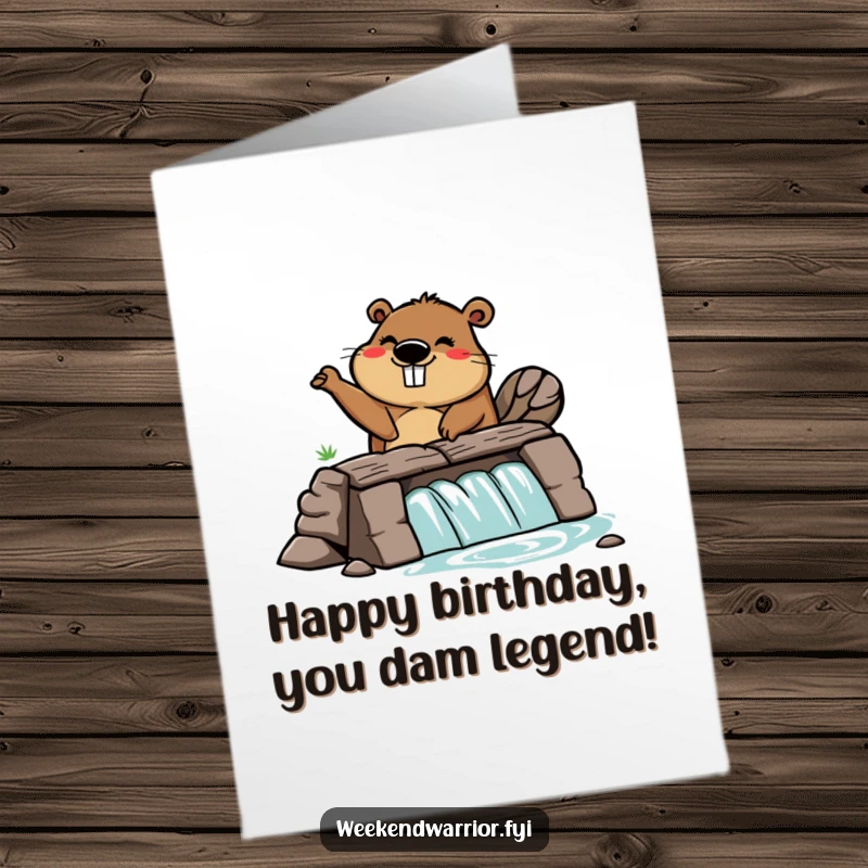 Funny Free Printable Birthday Card: A silly cartoon beaver enthusiastically building a dam, wood chips flying. Energetic and humorous.