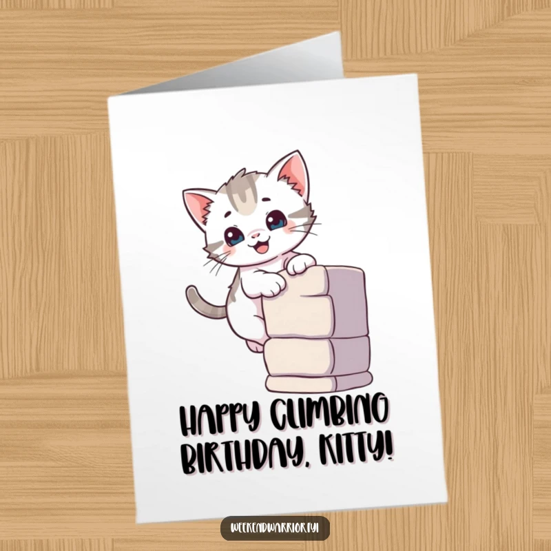 Cute Free Printable Birthday Card: A curious kitten smiles while scaling a small climbing wall, reaching new heights for their special day.