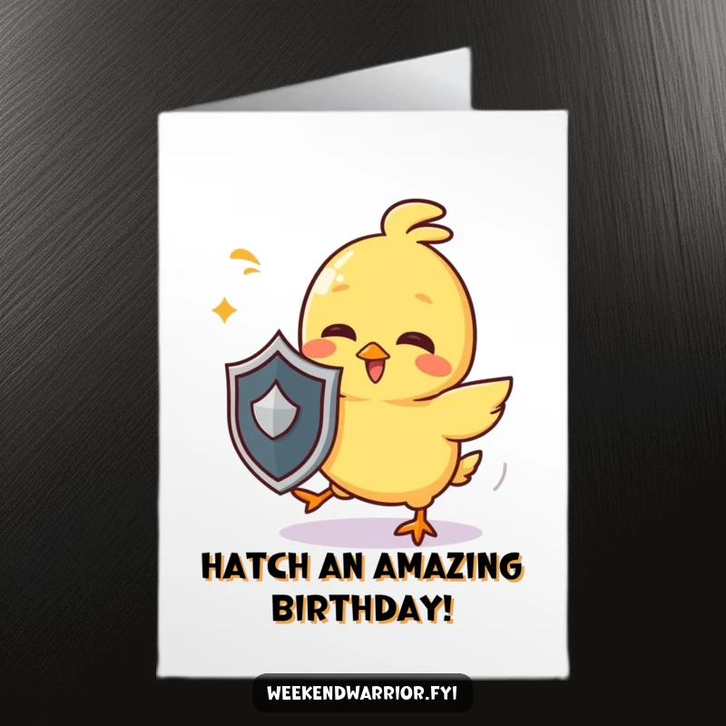 Funny Free Printable Birthday Card: Giggling yellow chick character with a tiny shield playfully dodging invisible attacks.