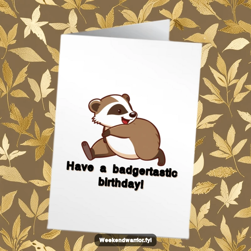 Funny Free Printable Birthday Card: Playful badger stretching his legs, symbolizing energy for a joyful birthday celebration and a great downloadable gift.