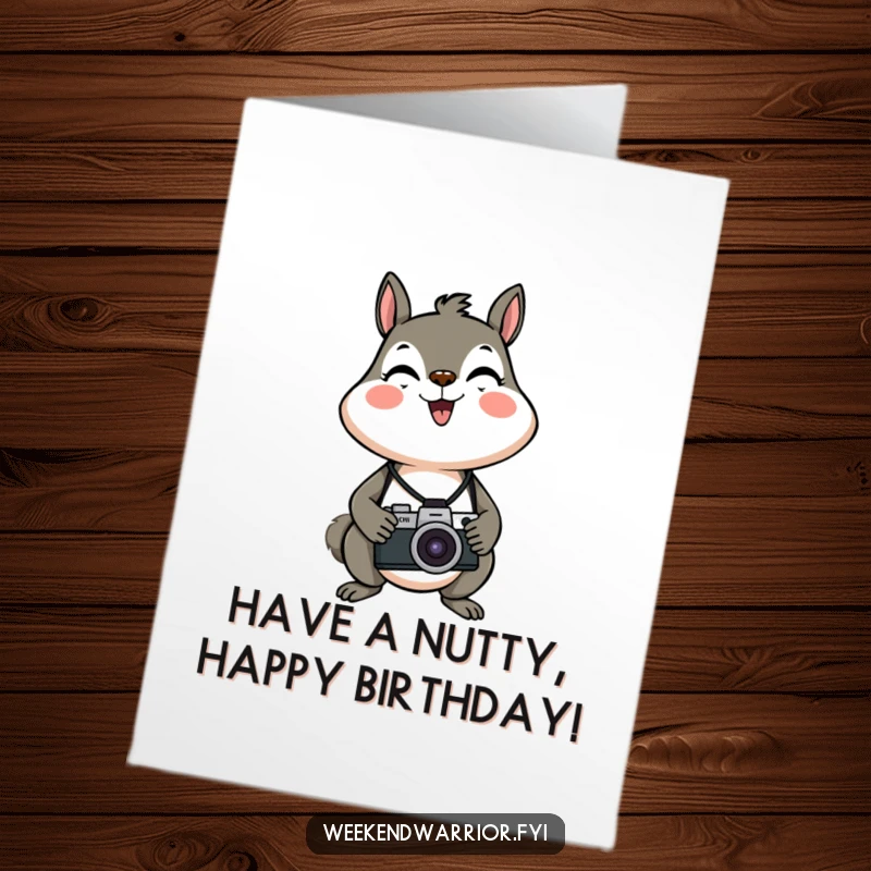 Funny Free Printable Birthday Card: An energetic cartoon squirrel with a camera, ready to capture birthday moments with enthusiasm.