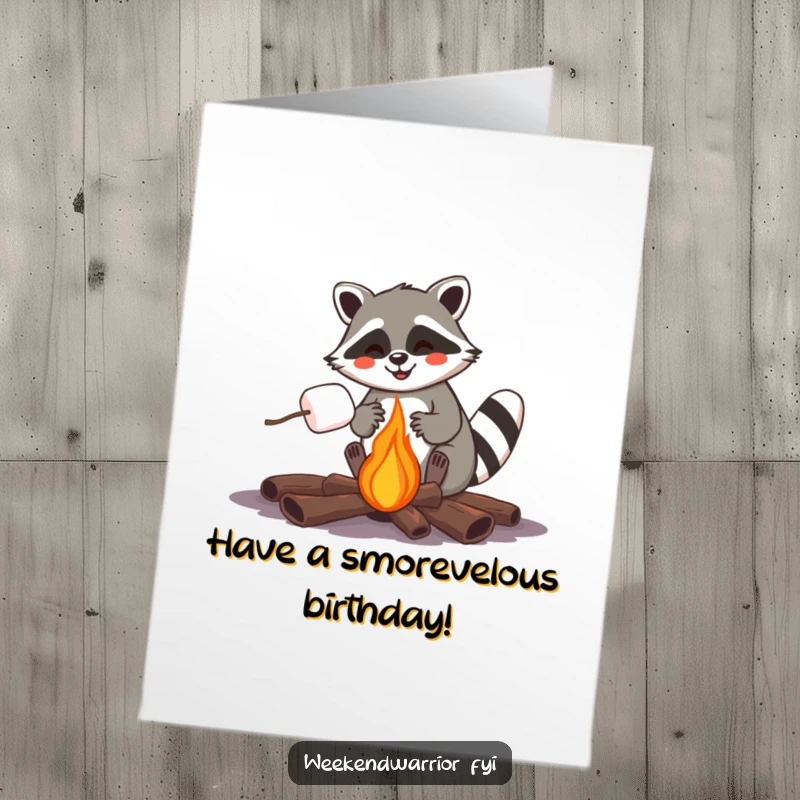 Funny Free Printable Birthday Card: Joyful raccoon roasting a marshmallow over a campfire, celebrating a birthday with cozy humor, downloadable art.