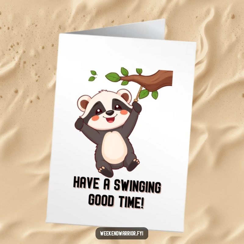 Funny Free Printable Birthday Card: A cheerful badger character enthusiastically swings from a rope, full of birthday energy.