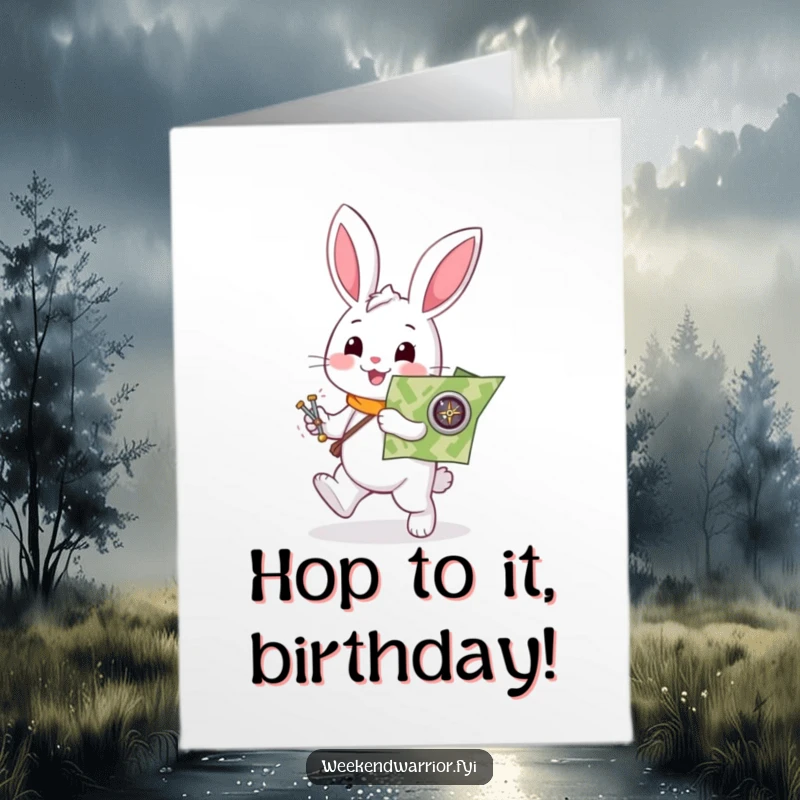 Funny Free Printable Birthday Card: Helpful white rabbit character enthusiastically carrying a map and compass, ready to guide.
