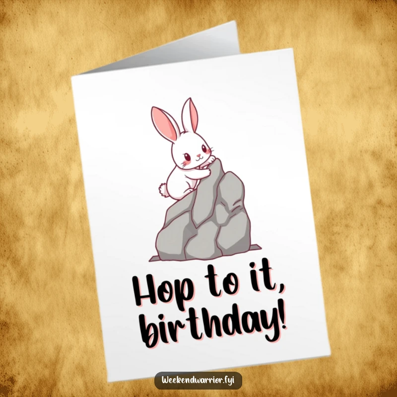 Funny Free Printable Birthday Card: Kawaii rabbit determinedly climbing a miniature rock face, inspiring joy.