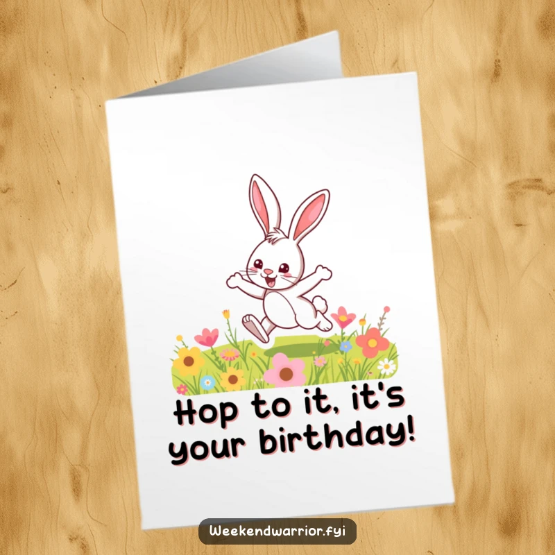 Funny Free Printable Birthday Card: A lively cartoon bunny mid-hop over a vibrant, flower-filled meadow. Cheerful and energetic.