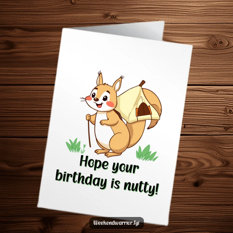 Funny Free Printable Birthday Card: Happy squirrel with a tent on its back, ready for adventure, a humorous outdoor celebration.