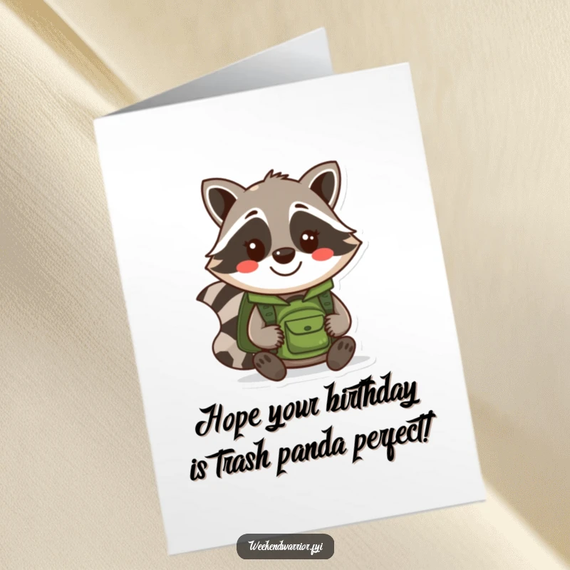 Funny Free Printable Birthday Card: A smiling cartoon raccoon with a backpack, ready to deliver birthday cheer and laughter.