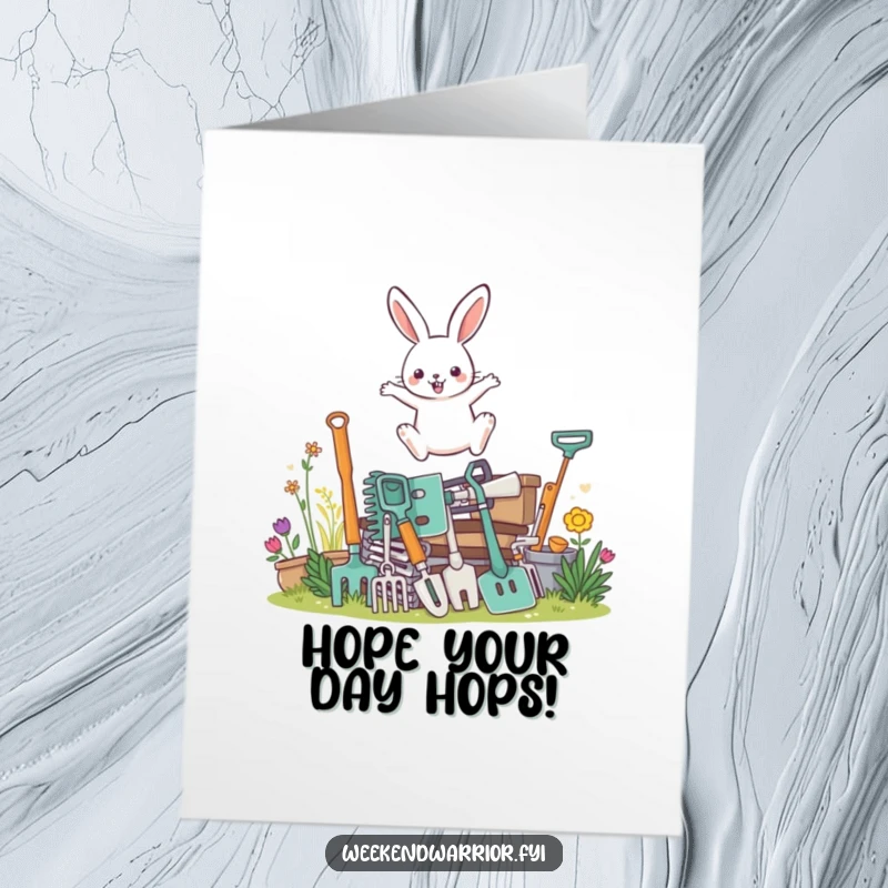Funny Free Printable Birthday Card: A determined rabbit leaps over a tall stack of gardening tools with impressive agility.