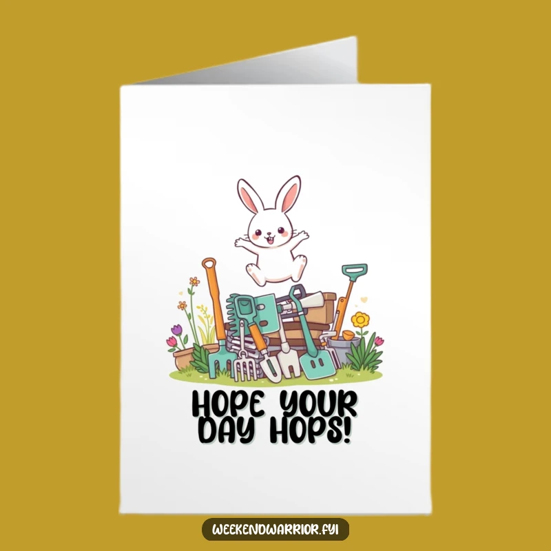 Free Printable Birthday Card: Rabbit Gardener Jumps! Downloadable Funny Gift