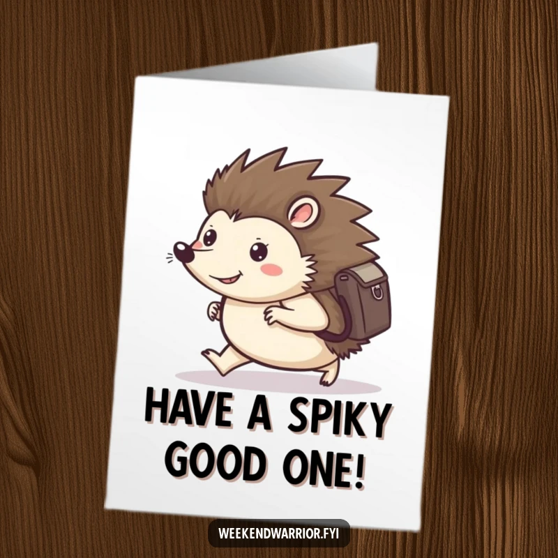 Funny Free Printable Birthday Card: A happy hedgehog with a backpack marches forward with cheerful determination.