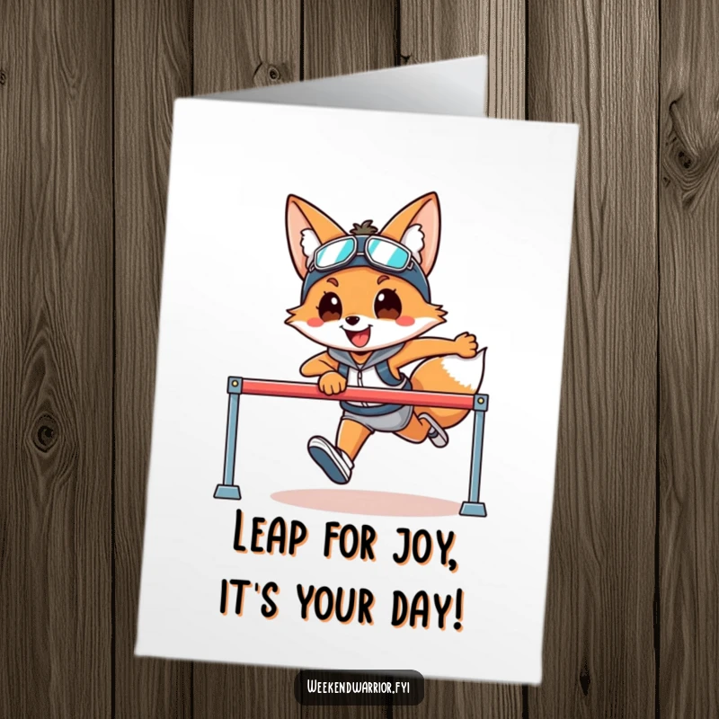 Funny free printable birthday card showing a smiling fox in athletic gear joyfully leaping over a hurdle, full of energy.