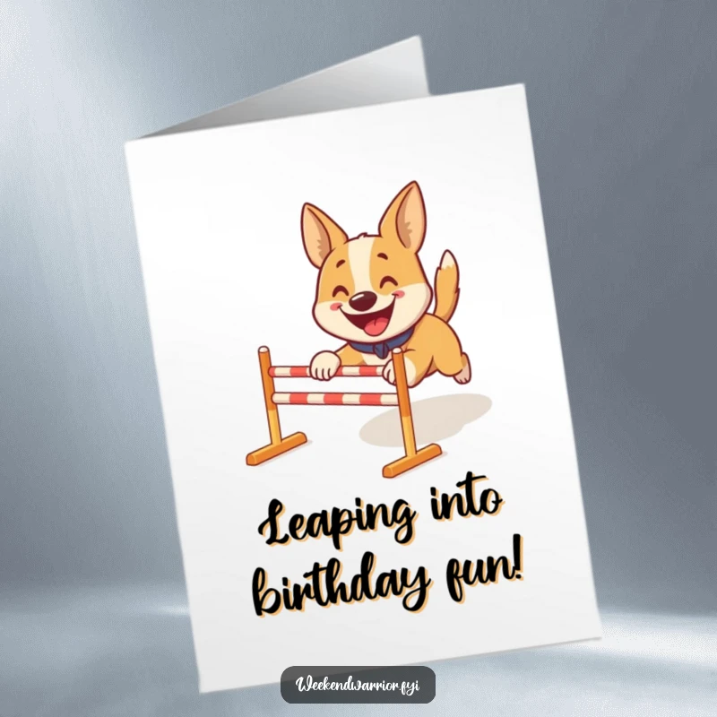 Funny Free Printable Birthday Card: A smiling dog energetically bounds through a miniature obstacle course, celebrating the birthday fun.