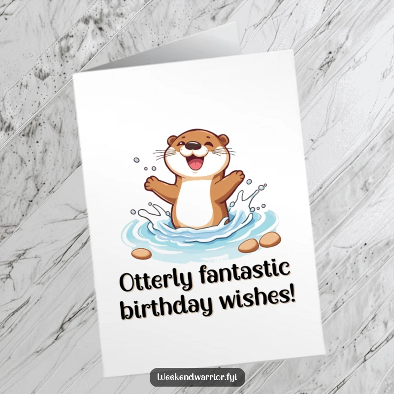 Funny Free Printable Birthday Card: A joyful cartoon otter gleefully splashing water in a bright blue stream. Pure, bubbly fun.