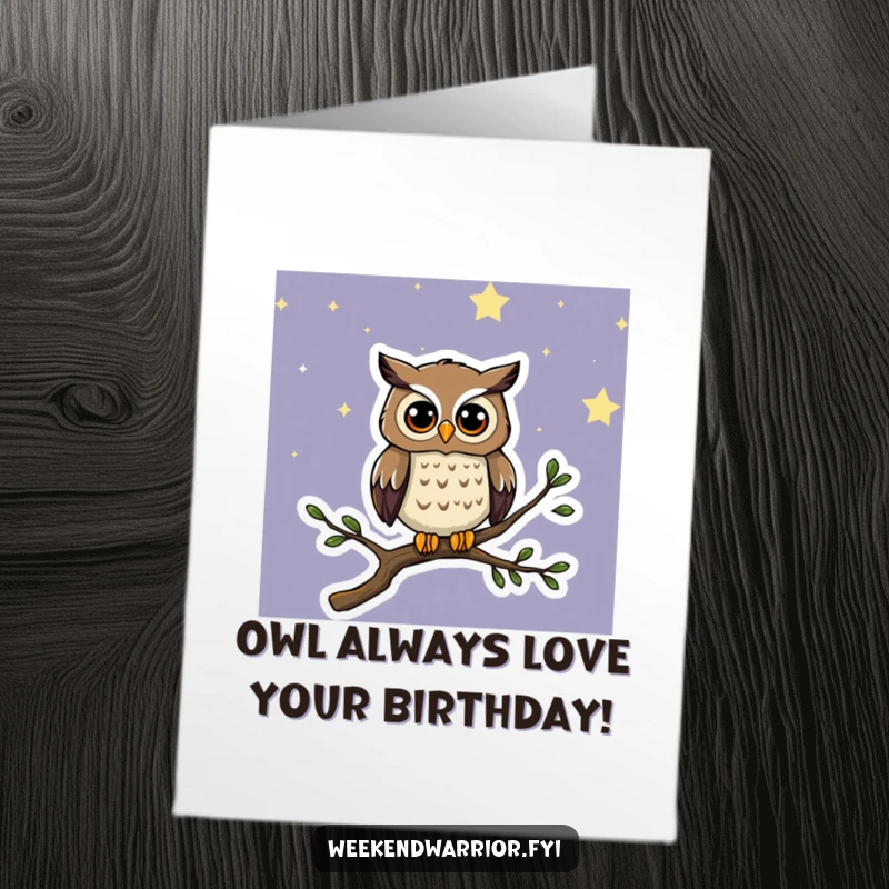 Funny Free Printable Birthday Card: A curious cartoon owl with wide eyes, perched on a moonlit branch under a starry sky. Whimsical charm.