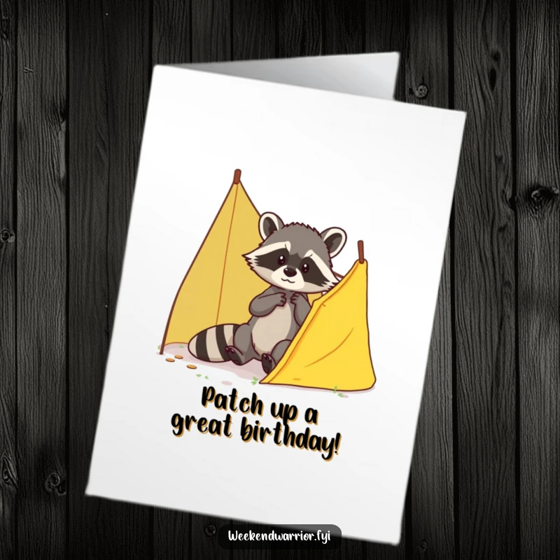 Funny Free Printable Birthday Card: A resourceful raccoon carefully patching a tent tear, ready for celebrations. DIY gift.