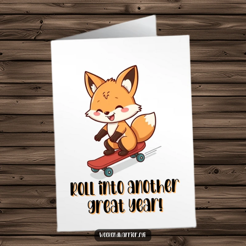 Funny Free Printable Birthday Card: A cheerful fox grinning while riding a tiny skateboard downhill with speed.