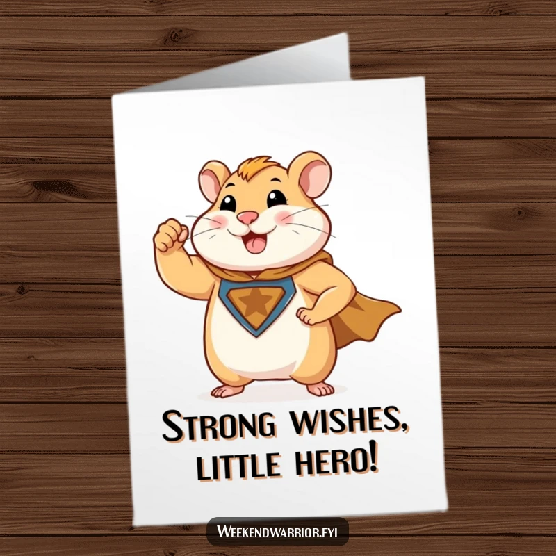 Funny Free Printable Birthday Card: A happy, muscular hamster hero in a cape flexes a tiny bicep, ready to save the day.