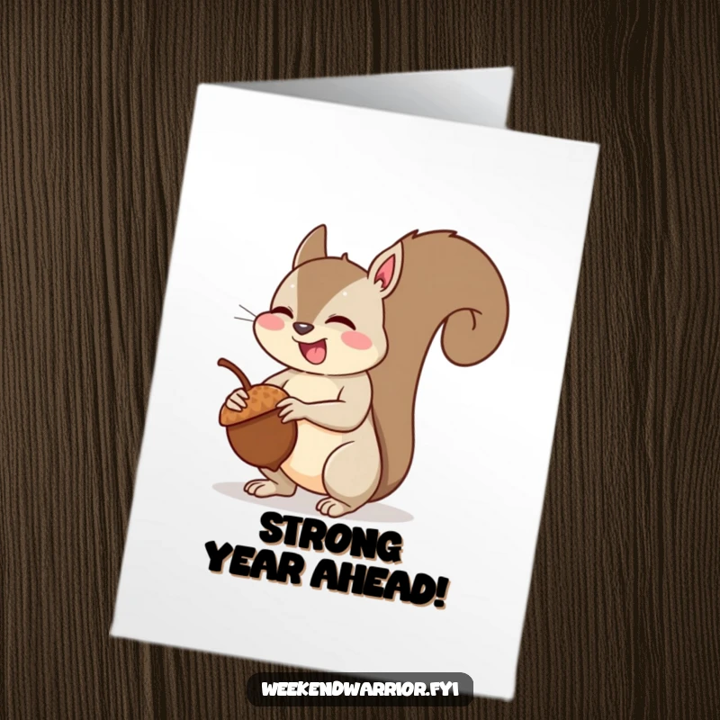 Funny Free Printable Birthday Card: A giggling squirrel proudly flexes its arm muscles after successfully lifting a large acorn.