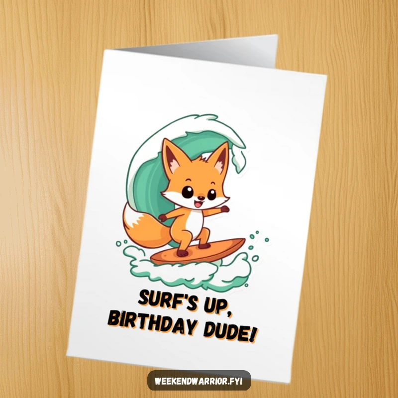 Funny Free Printable Birthday Card: A playful fox confidently surfs a green wave, bringing birthday cheer.