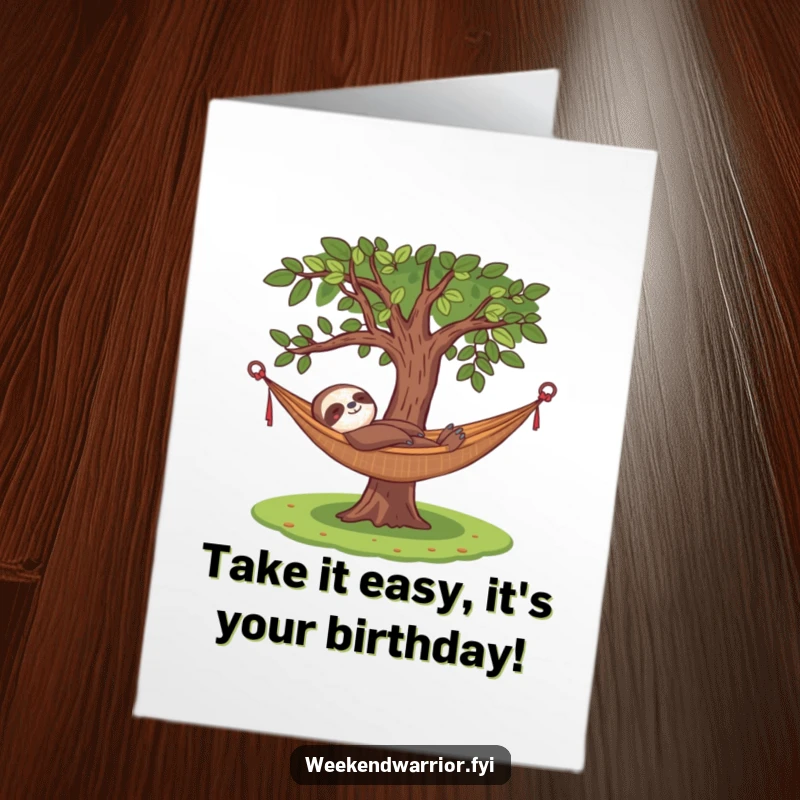 Funny Free Printable Birthday Card: Content sloth relaxing in a hammock under a tree, embodying ultimate relaxation for a happy birthday, a downloadable gift.
