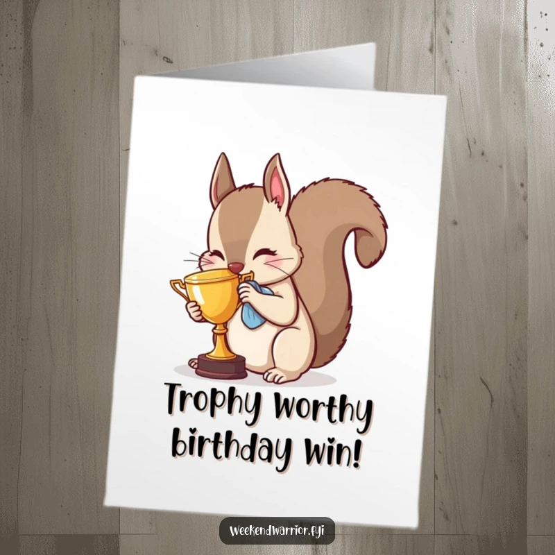 Funny Free Printable Birthday Card featuring an enthusiastic squirrel gleefully polishing a tiny golden trophy, ready to celebrate a big win.