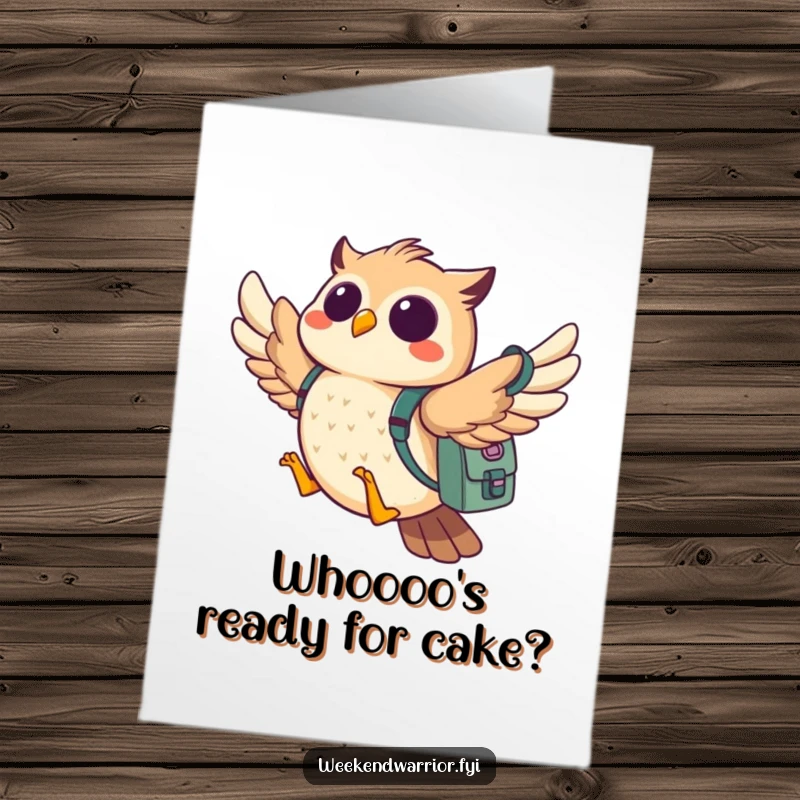 Funny Free Printable Birthday Card: A cheerful owl with a backpack flies off, ready for birthday adventures.
