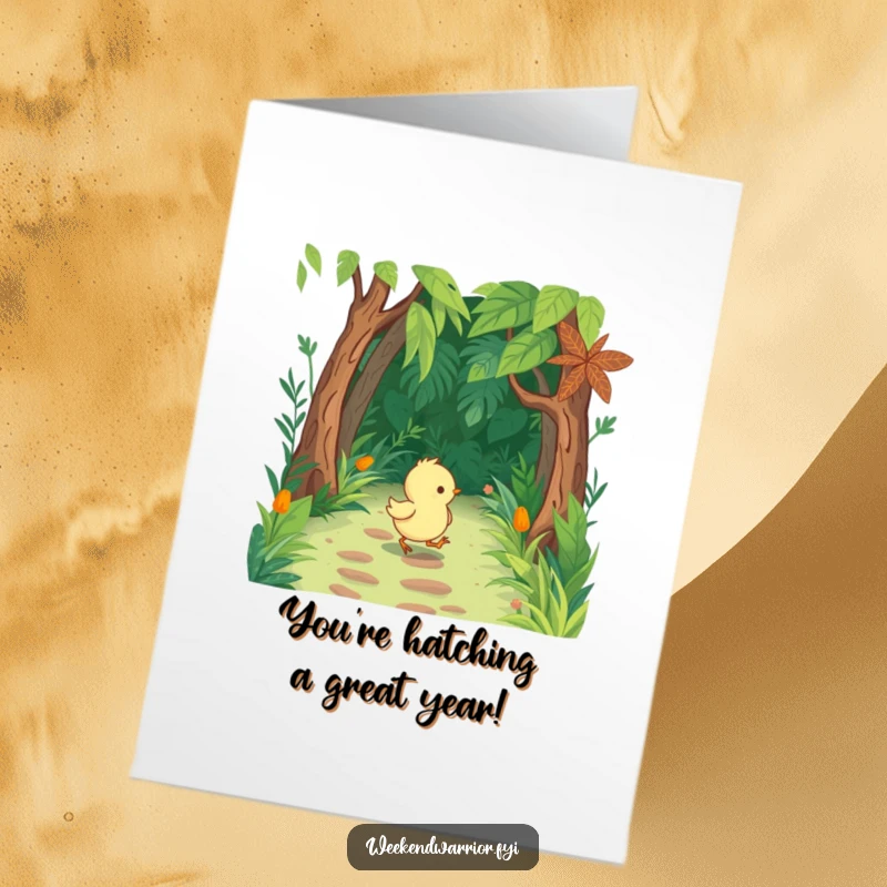 Funny Free Printable Birthday Card: Cute chick in tiny boots marches resolutely down a lush jungle path.