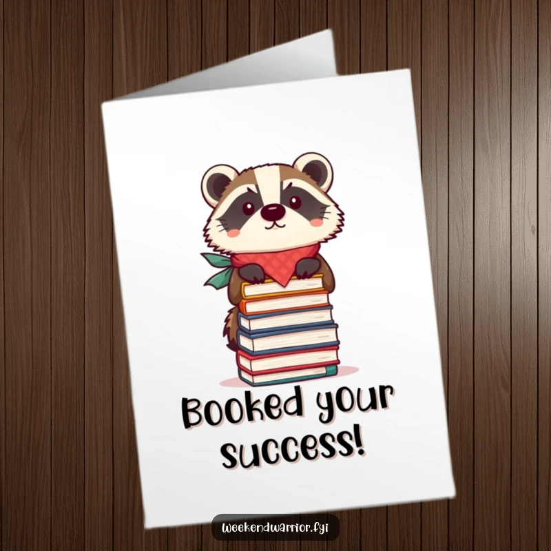 Funny Free Printable Congratulations Card: A focused badger wearing a bandana balances a stack of books, celebrating achievements with intelligence and humor.