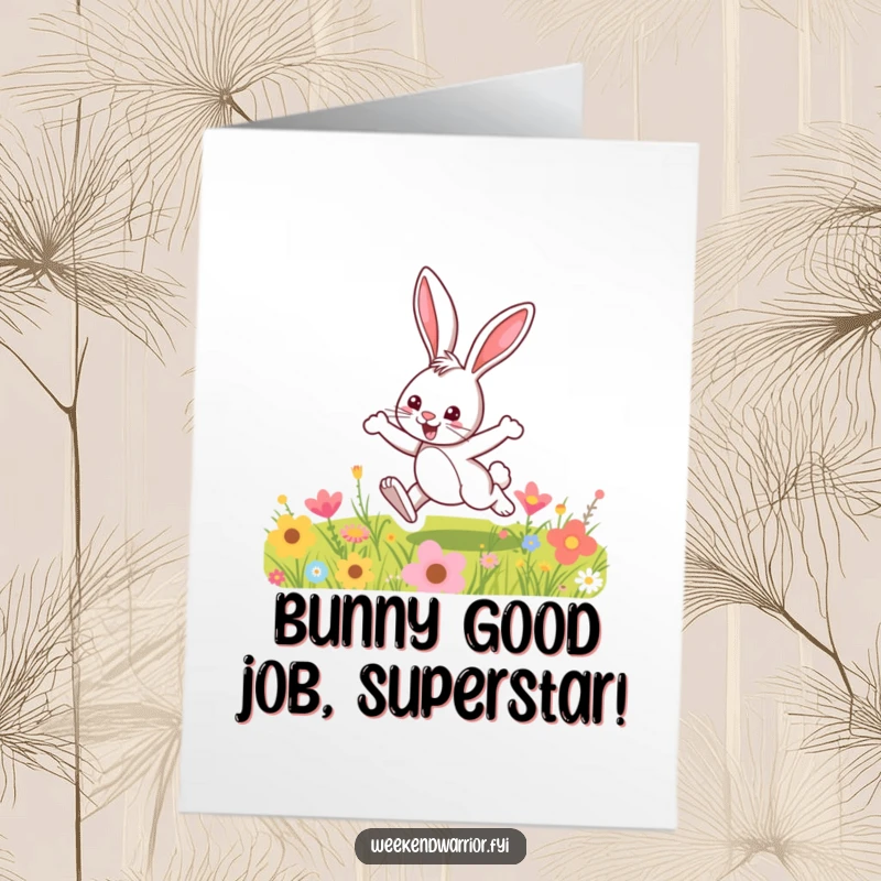 Funny Free Printable Congratulations Card: A cartoon bunny joyfully leaping through a colorful meadow. Celebrating progress.