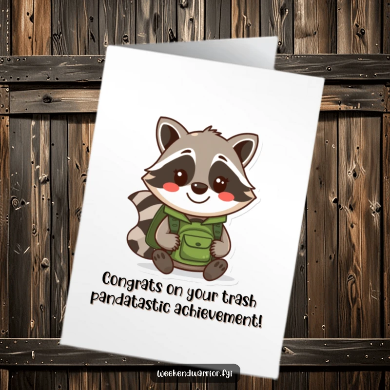 Funny Free Printable Congratulations Card: A cheerful cartoon raccoon with a backpack, symbolizing readiness for new adventures and success.